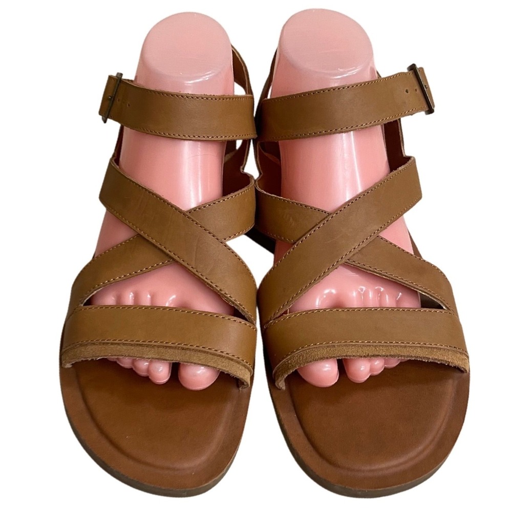 TOMS Sicily Tan Leather Strappy‎ Flat Sandals Buckle Ankle Strap Womens 9.5